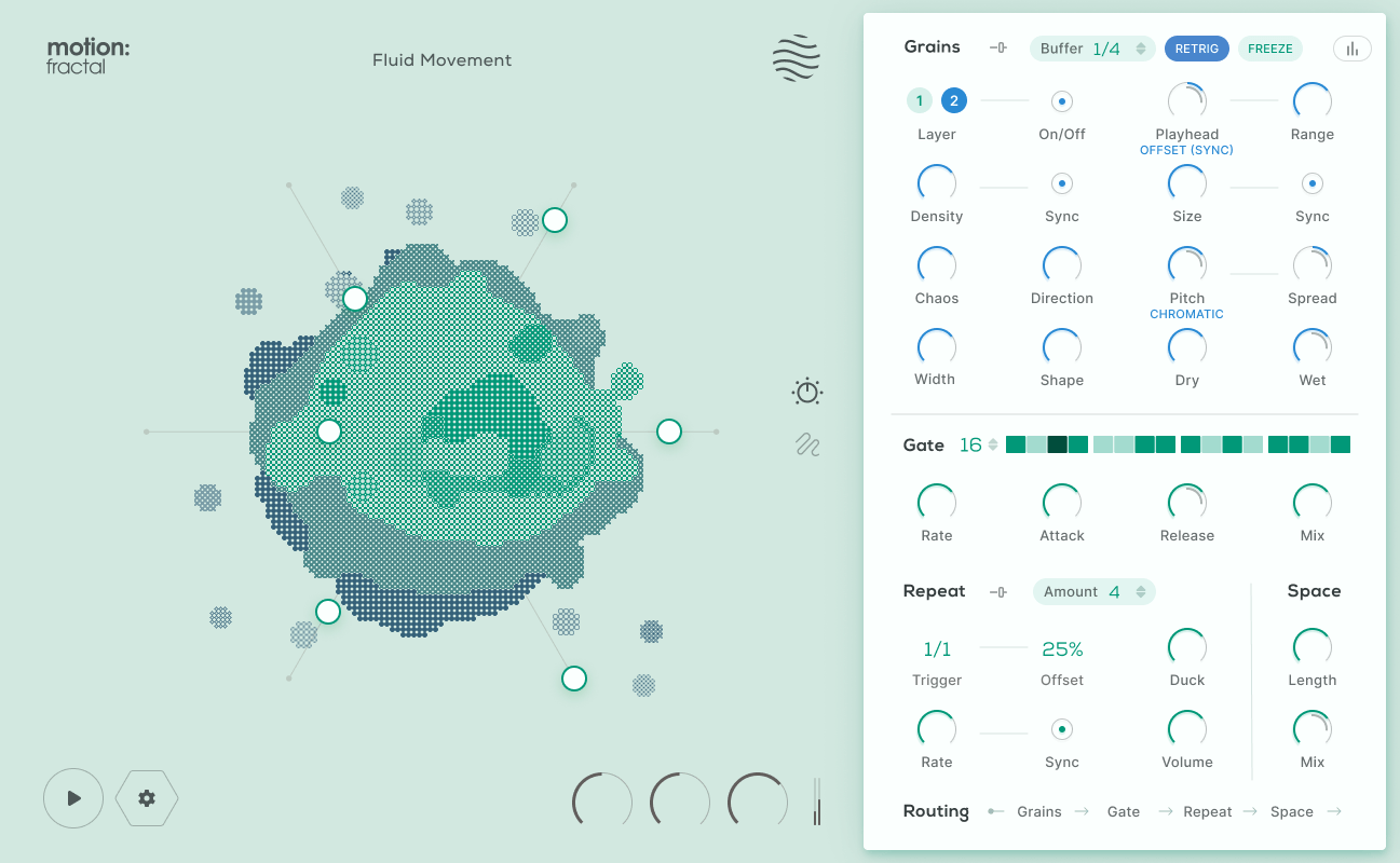 Dual granular engines, trance gate and stutter repeater for rhythmic, textured transformation with hands-on visual control.