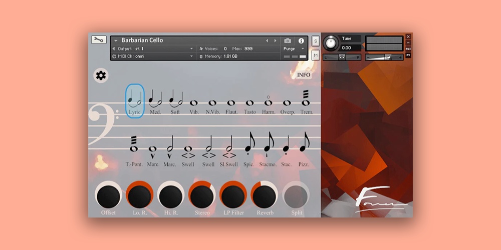 Sampled cello library focused on raw, forceful bowed tones with expressive legato and detailed articulations.