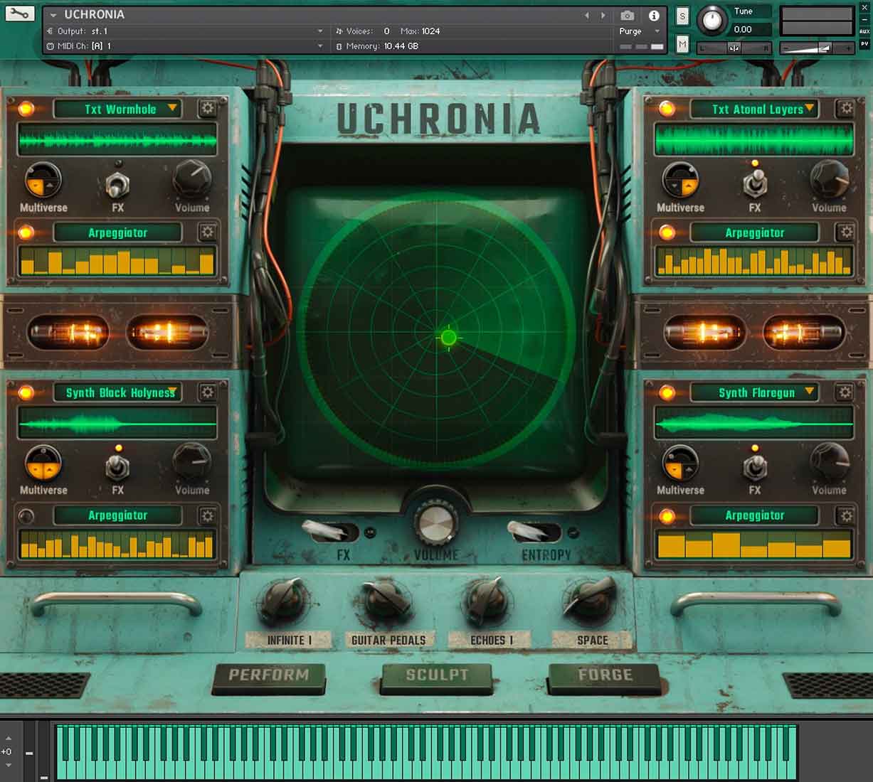 Four granular engines, arpeggiators and an entropy randomizer for transforming samples into evolving textures and rhythms.