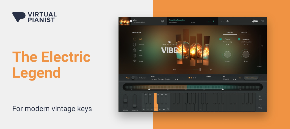 Warm vintage electric piano with playable auto‑accompaniment, presets, and built‑in ambience and finisher effects.