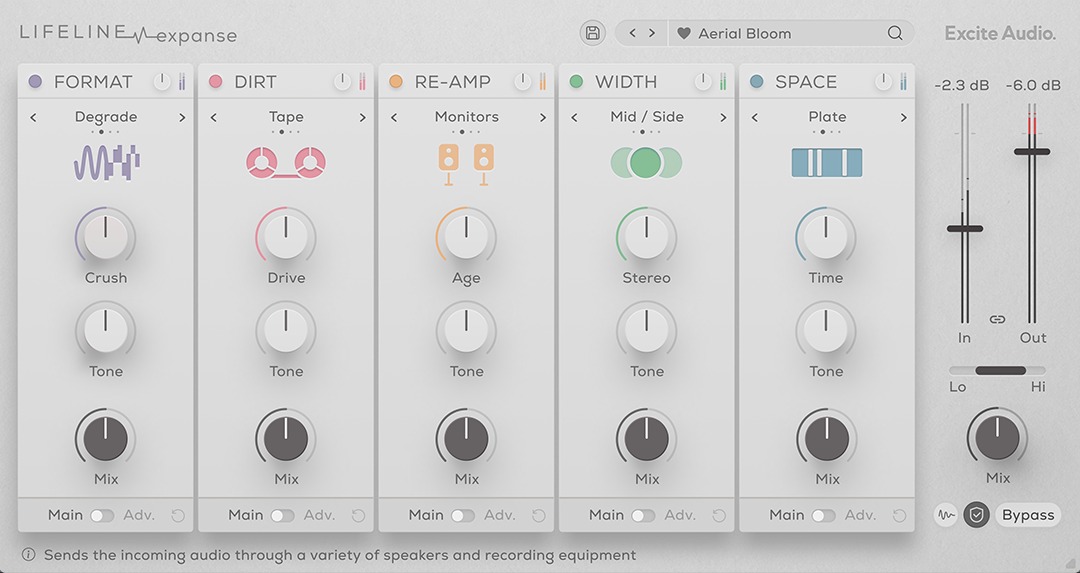 Modular re-amping and creative multi-effect with emulations, saturation, digital degradation, width and reverb.