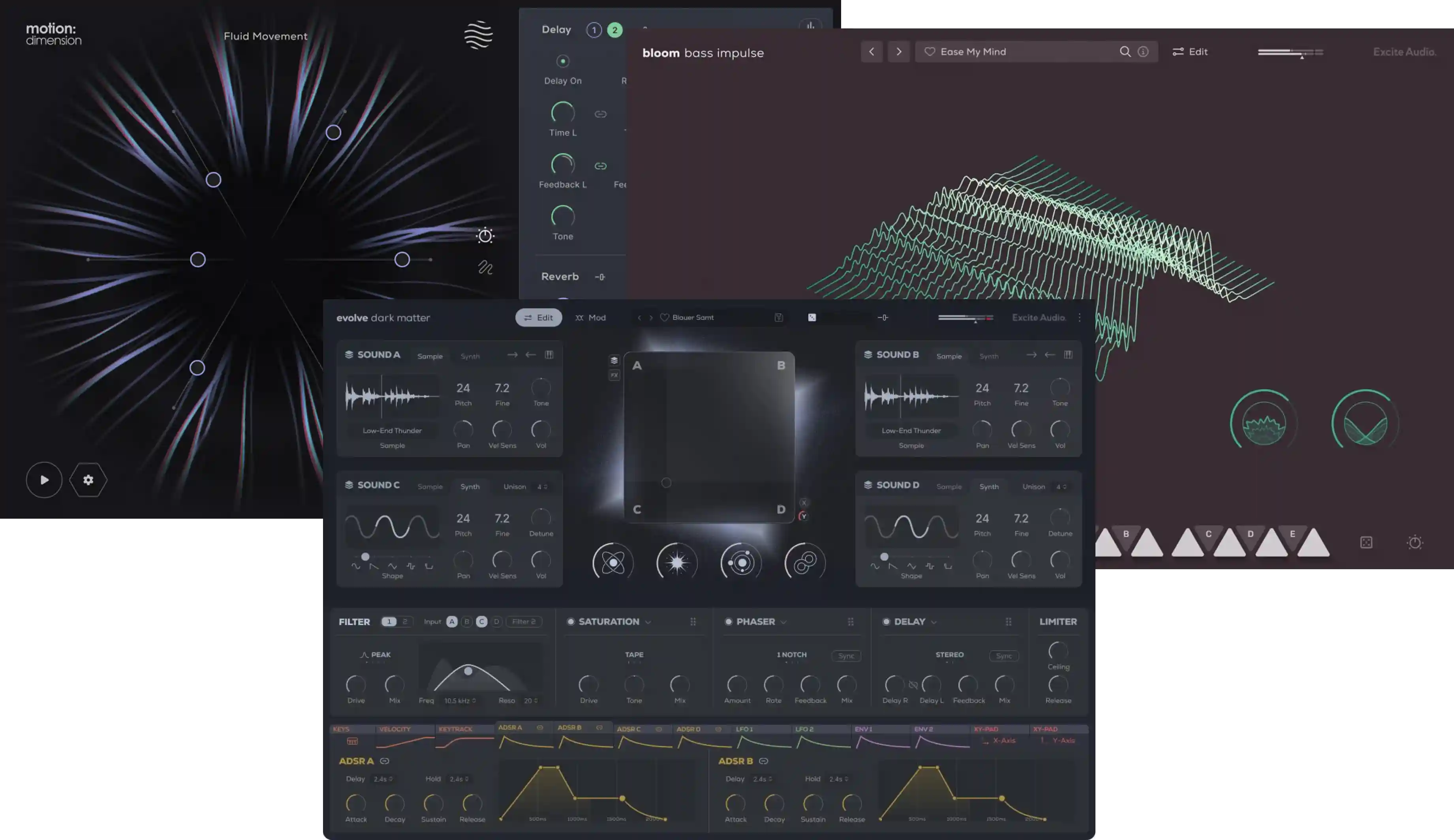 Three instruments for dark atmospheres, modern basslines and spatial modulation with sample import, layered engines and dual delay/reverb control.