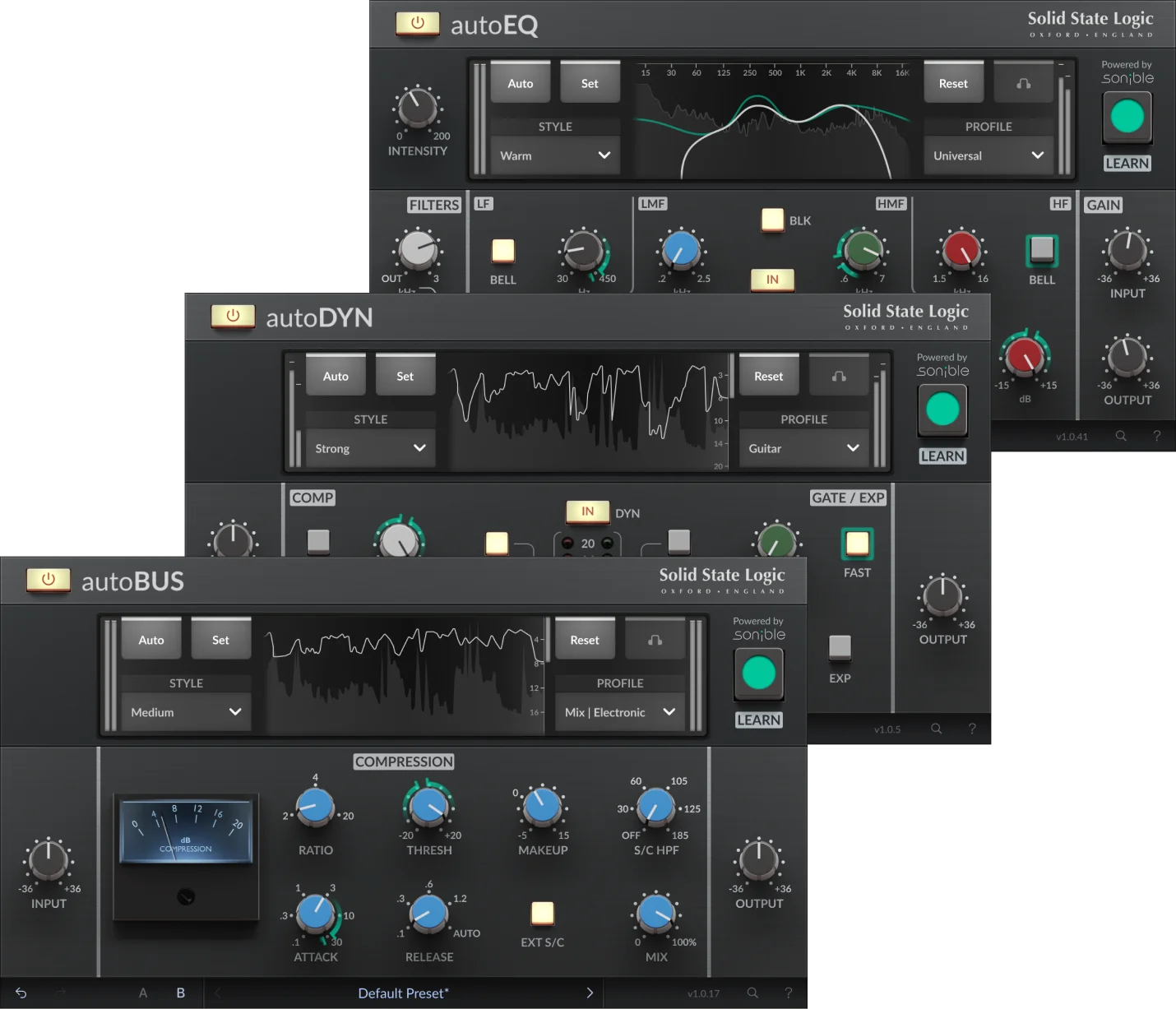 Three SSL 4000 console emulations with sonible AI analysis for editable, audio-aware EQ, dynamics, and bus compression.