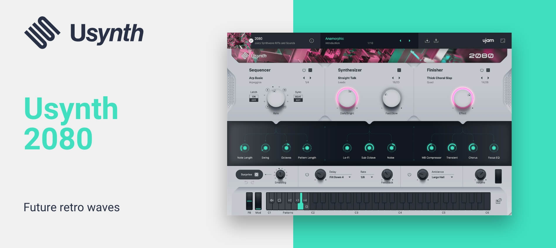 Preset-focused synth for fast creation of synthwave leads, layered tones and sequenced patterns.