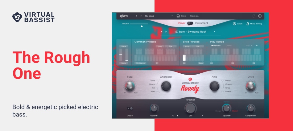 Picked, overdriven electric bass focused on aggressive rock, punk and modern metal tones with phrase and instrument modes.