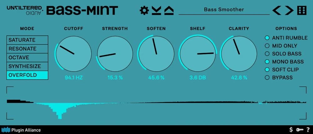 Low-frequency enhancer with five processing modes, adjustable split, and quick toggles for bass shaping.