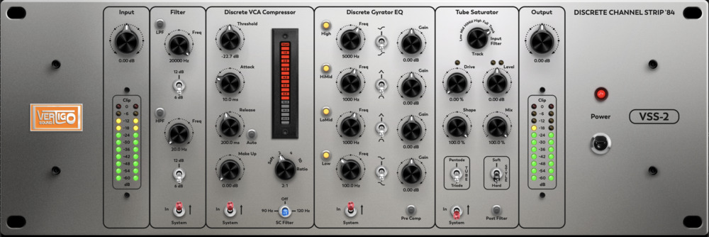 Discrete channel strip with VCA compression, Gyrator EQ, tube saturation and filters for analog-style tone and control.