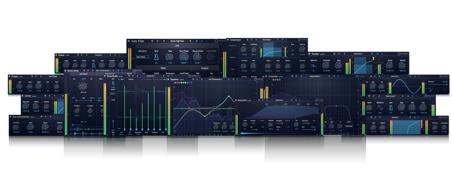 Essential mixing and creative effects including EQ, dynamics, delays, reverb and modulation.