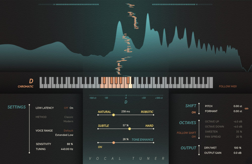 Real-time pitch correction with two tuning modes, low-latency tracking, and creative pitch/formant effects.
