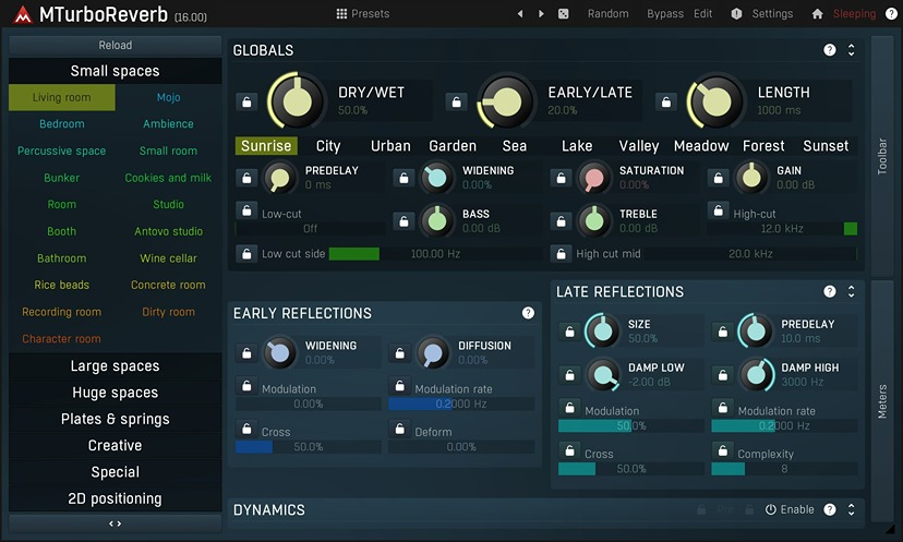 About 100 preset algorithmic reverbs with basic controls; editing and multiband features are disabled.