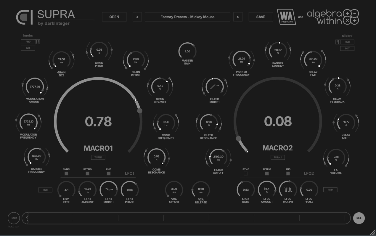 Monophonic hybrid synth blending analog-style oscillator, FM, granular capture and pitch-shifting delay for evolving, performance-ready sounds.