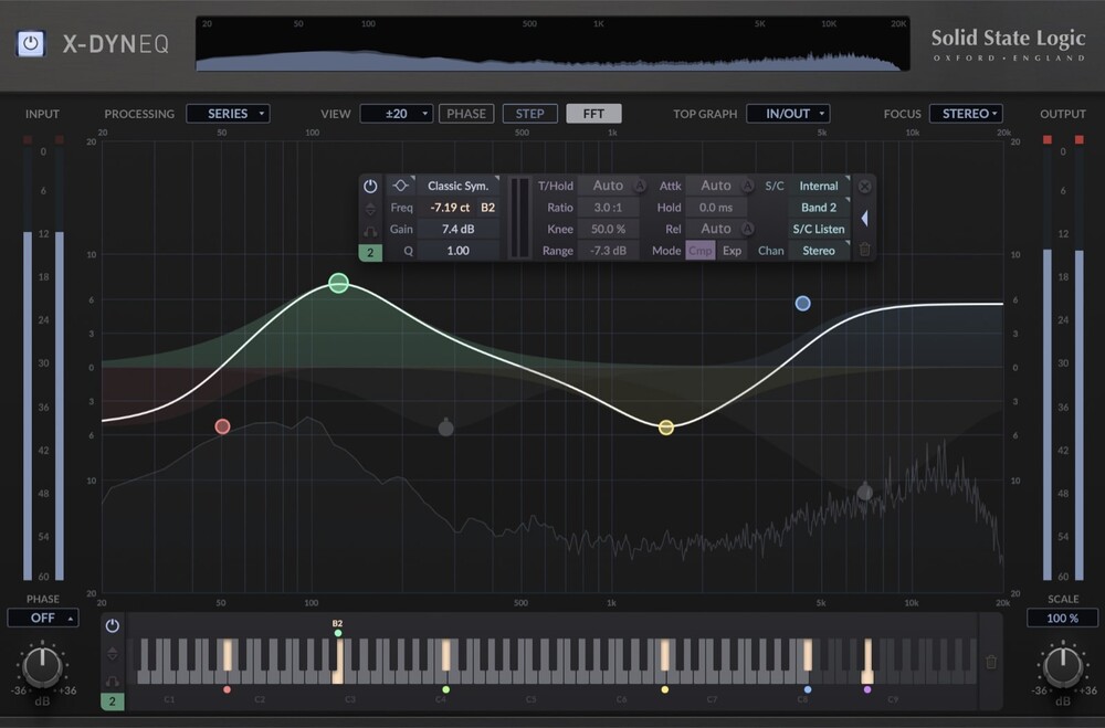 A node-based dynamic EQ with per-band stereo routing, adaptive dynamics and extensive sidechain options.