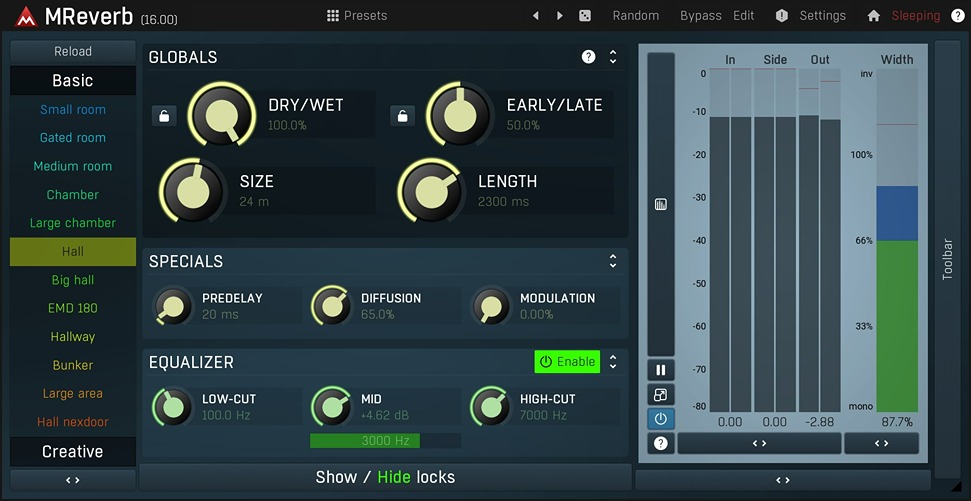 Algorithmic stereo reverb with spatial placement, four modulators, 3-band EQ and tempo-syncable modulation.