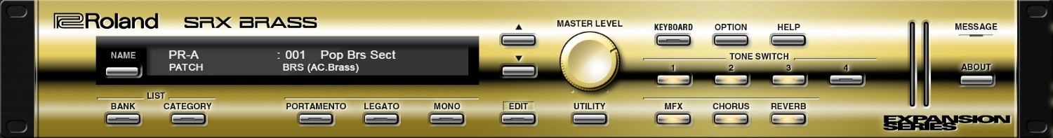 Classic Roland SRX and SR-JV80 brass waveforms with DCB modeling, editable patches and built-in effects.