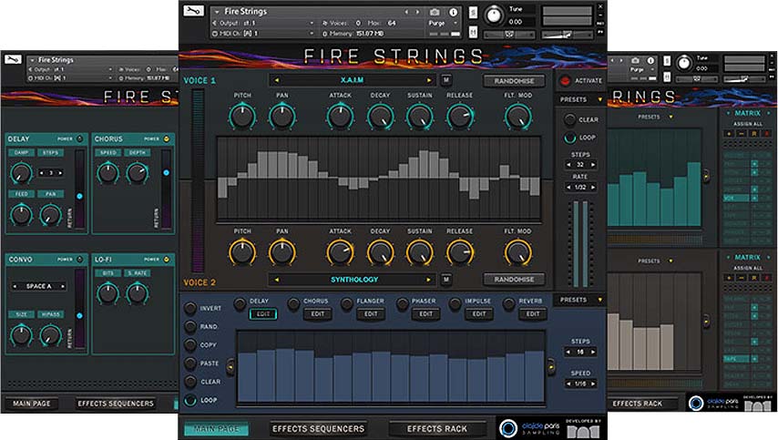 Cinematic Kontakt library of electric violin/guitar sounds with sequencers and effects for evolving textures and rhythmic grooves.