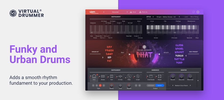 Virtual drummer focused on groovy hip‑hop and funk beats with editable kits and export-ready phrases.