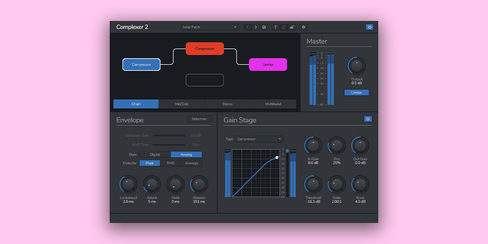 Three configurable dynamics stages offering compression, expansion, limiting and gating with multiband and mid/side options.