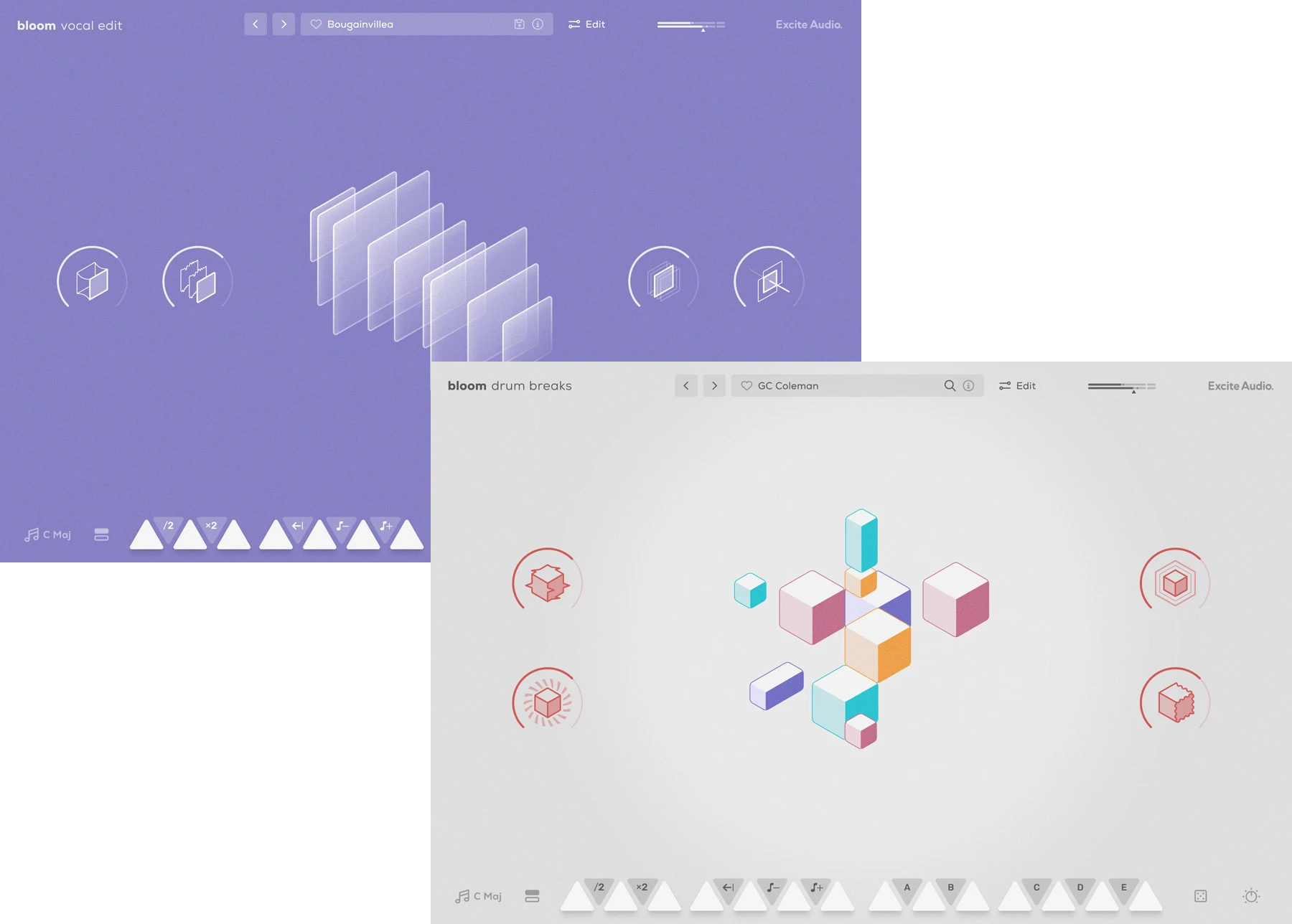 Two playable instruments for tempo‑synced drum breaks and chopped vocal hooks using royalty‑free samples.
