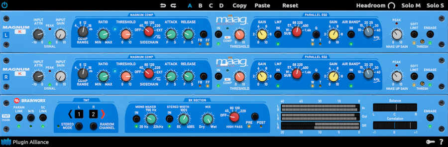 Dual-stage compressor with Mäag AIR BAND, soft limiter, and TMT-modeled analog channels for mixing and mastering.