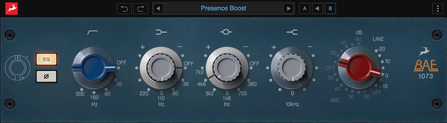 Accurate emulation of the BAE 1073 three-band EQ with HPF and selectable band modes for tonal shaping.