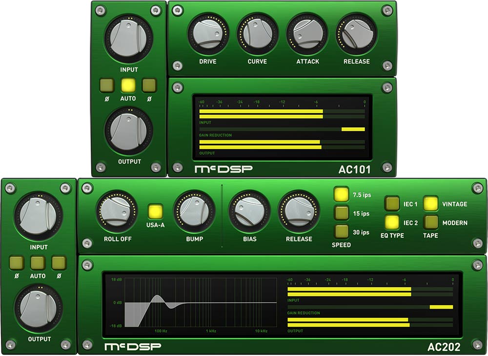 Analog channel and tape emulations with adjustable drive, saturation curves, and tape-head controls.