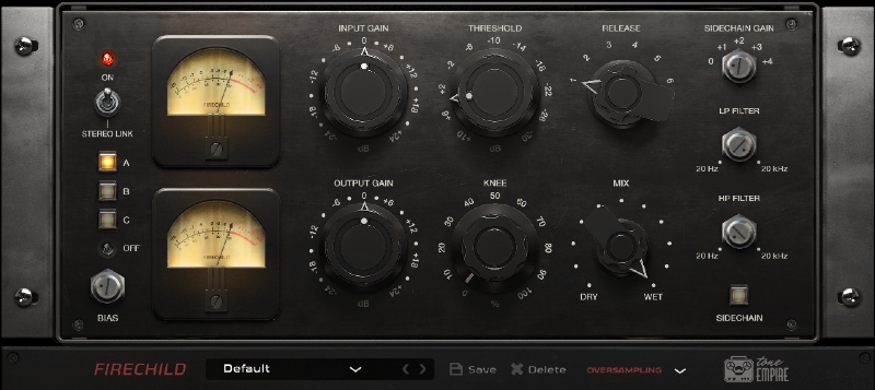 Sampled emulation of vintage vari‑mu compressors with tube coloration, transparent mode, side‑chain and mix control.