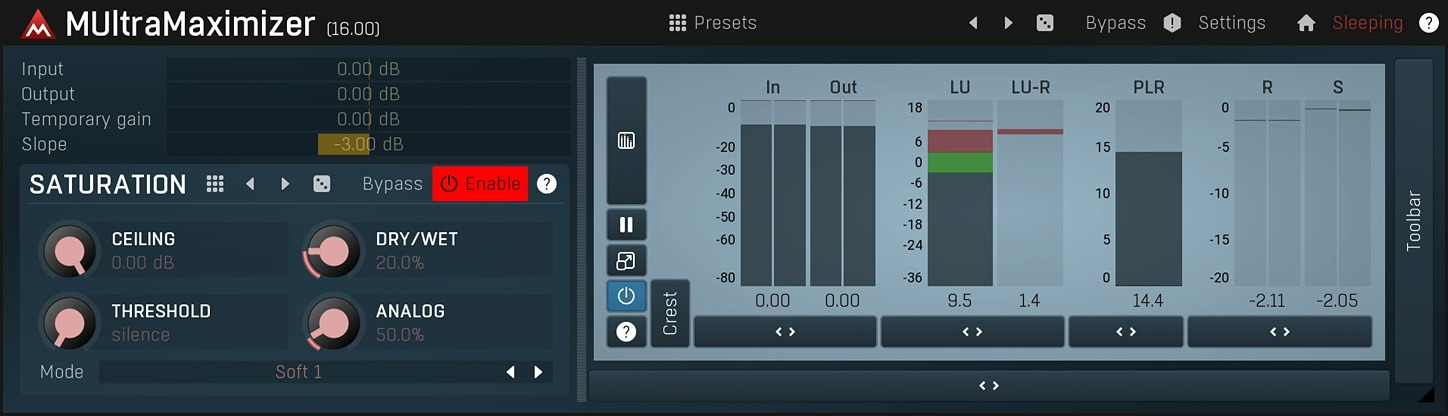 Simple multiband limiter and saturator for increasing loudness with surround support, metering, up‑sampling and MIDI control.