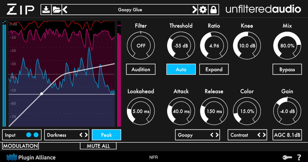Creative compressor/expander with analysis-driven detection, patchable modulators and post-dynamics Color processing.