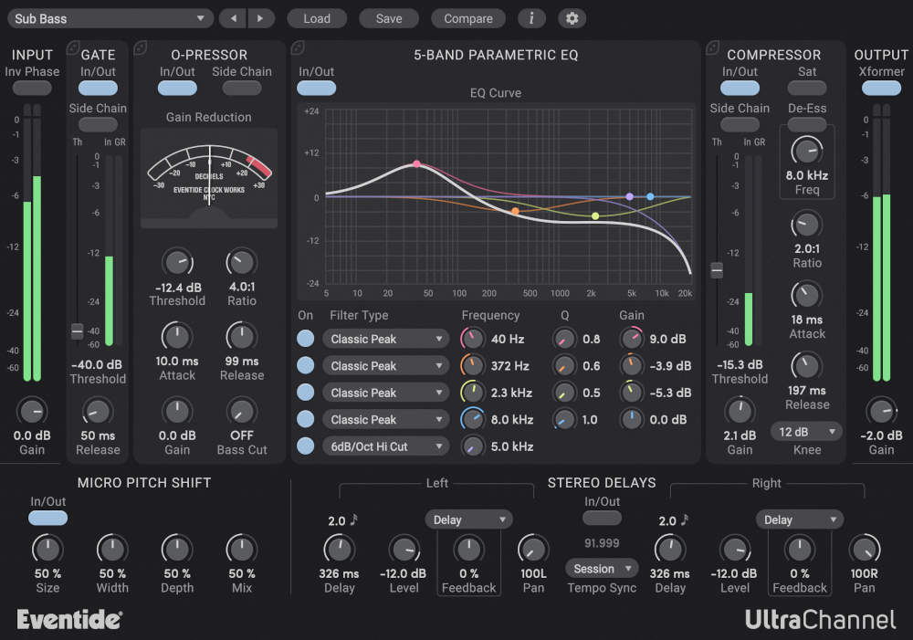 All-in-one channel strip with flexible routing, compression, EQ, saturation, micro-pitch and delay processing.