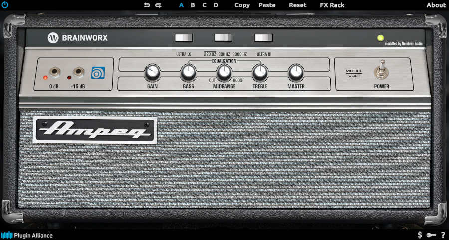 Native emulation of the 1971 Ampeg V‑4B bass head with tube tone, recording chains, and basic onboard FX.
