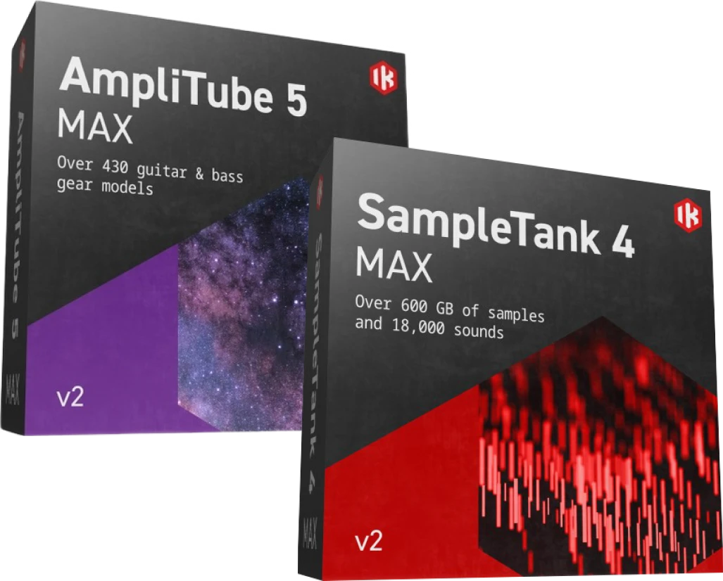 AmpliTube 5 MAX v2 and SampleTank 4 MAX combined for authentic guitar/bass rigs and a 250GB multitimbral instrument workstation.