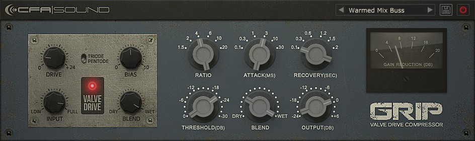 Hybrid VCA compressor with vintage valve emulation, Triode/Pentode drive and independent mix controls.