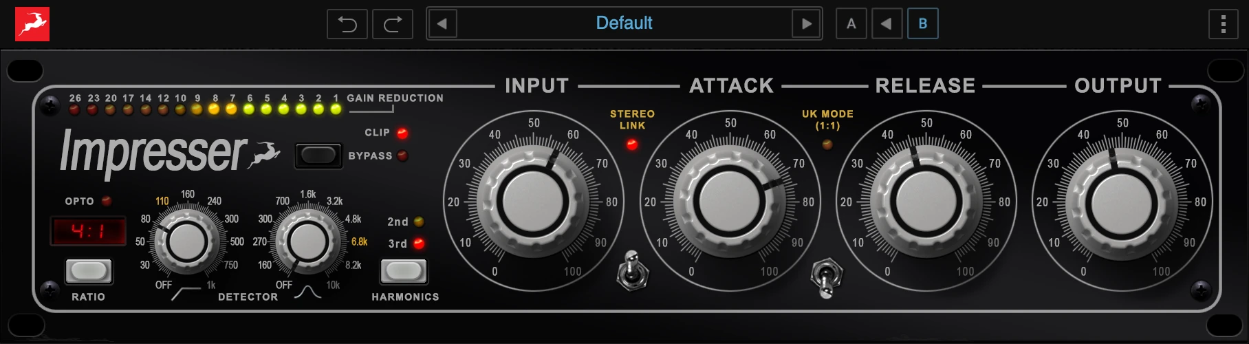 Vintage-inspired stereo compressor with optical, aggressive, and harmonic coloration modes.