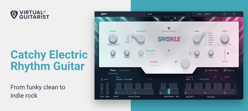 Session-focused virtual electric guitarist for rhythmic chords, octaves and riffs with vintage tones and stomp/finisher effects.