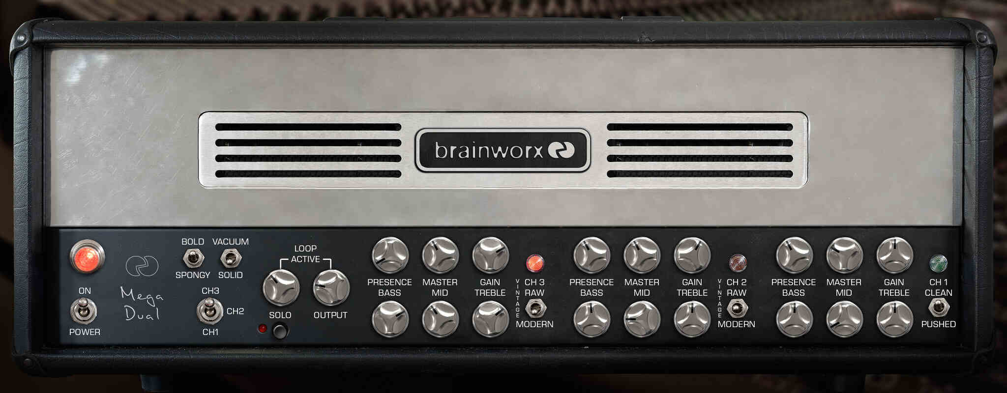 Three‑channel Dual Rectifier emulation with cabinet IRs, Variac behavior, noise gate, delay and power soak.