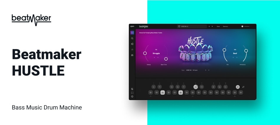 Bass-oriented drum machine with genre kits, 460 MIDI loops, Bass Tune control, and drag‑and‑drop MIDI workflow.