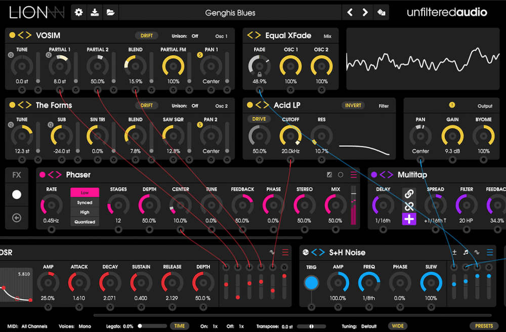Dual-oscillator synth with 26 modes, eight oscillator mix algorithms, 16 filters, BYOME effects, MPE and micro-tuning.