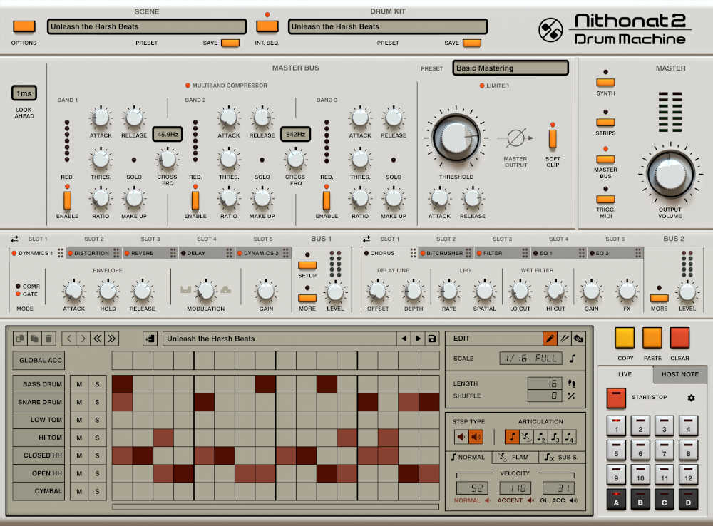 606-inspired drum instrument with sequencer, per-channel effects, two FX buses and MIDI drag-and-drop export.