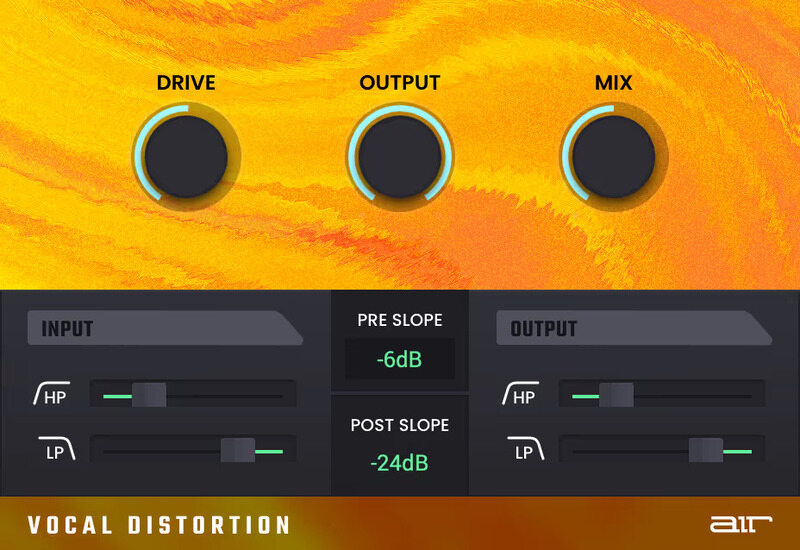 Simple vocal distortion and saturation with input/output filtering for tonal control.