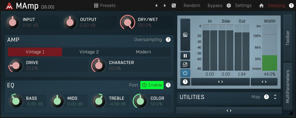 Vintage-style amp simulation with soft saturation, creative distortion, extensive modulators and multi-channel processing support.