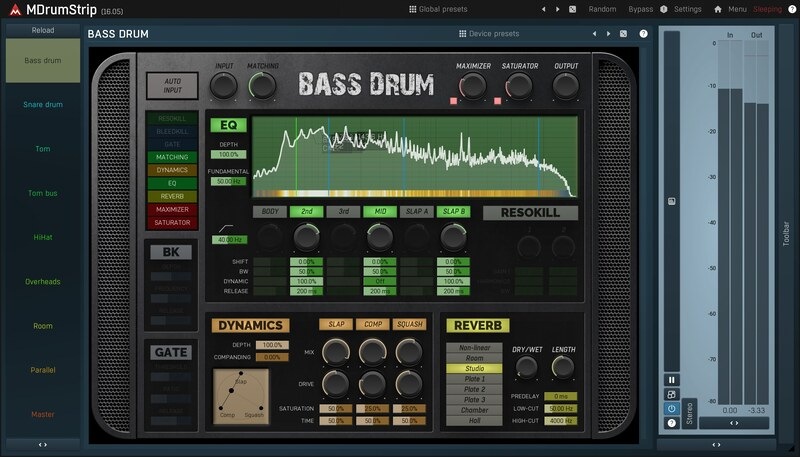 All-in-one channel strip for modern rock and metal drums with dynamic EQ, bleed control, XY dynamics, and reverb.