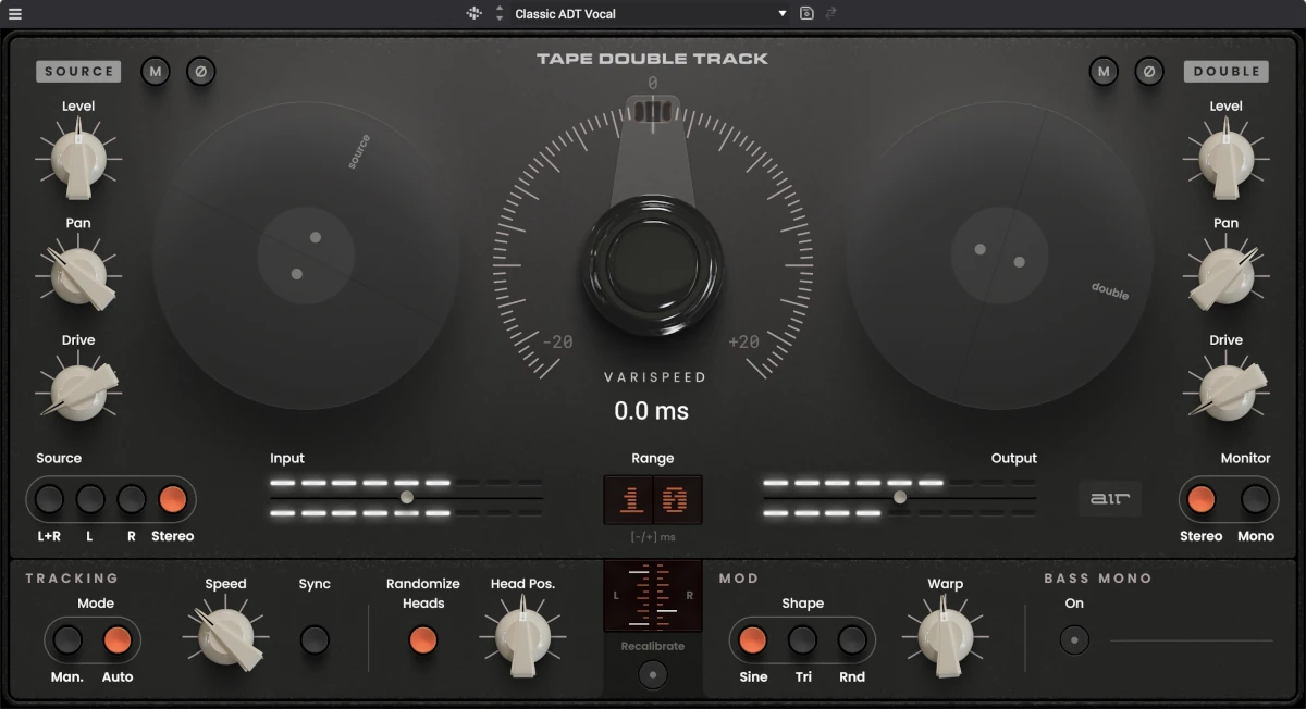Authentic tape-style double tracking with varispeed, modulation and per-channel controls for vocals, guitars, and synths.