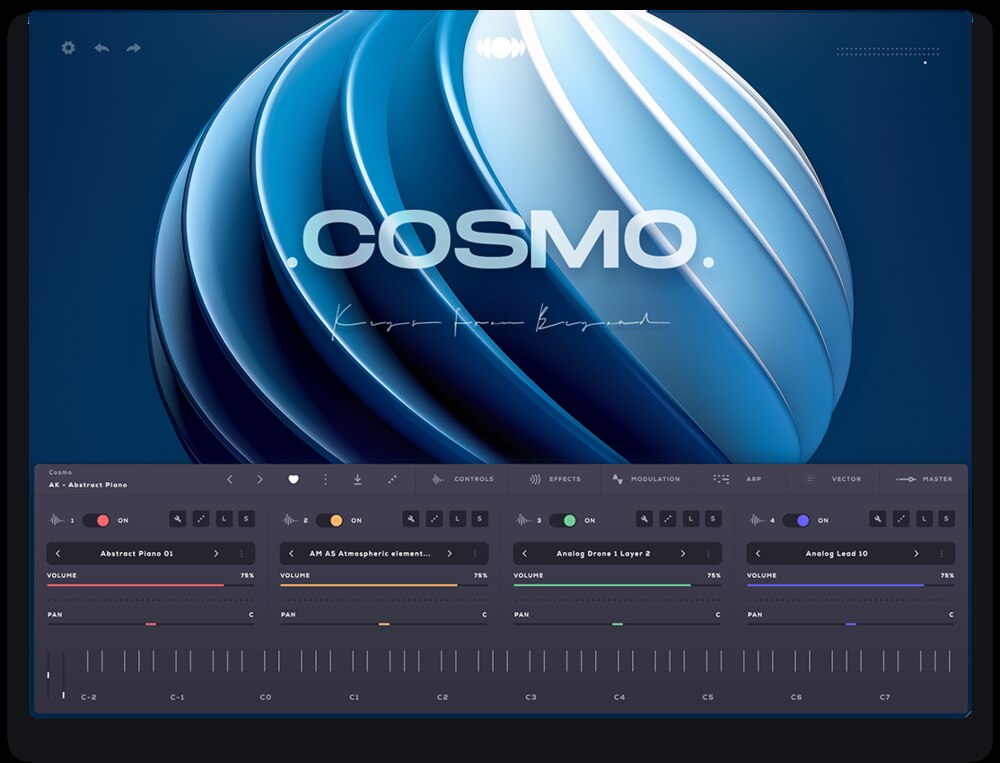 A library of warm, abstract keyboard textures blending recorded organic tones with electronic processing.