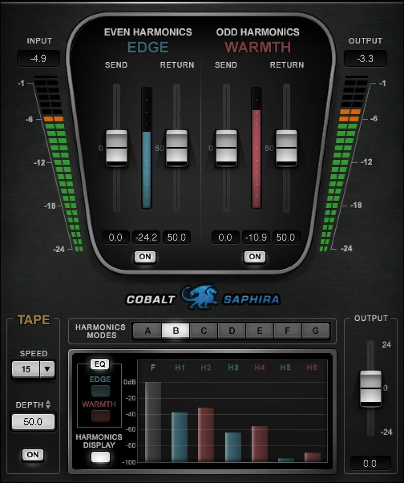 Add frequency-targeted odd/even harmonics and optional tape modeling for subtle to aggressive analogue-style coloration.
