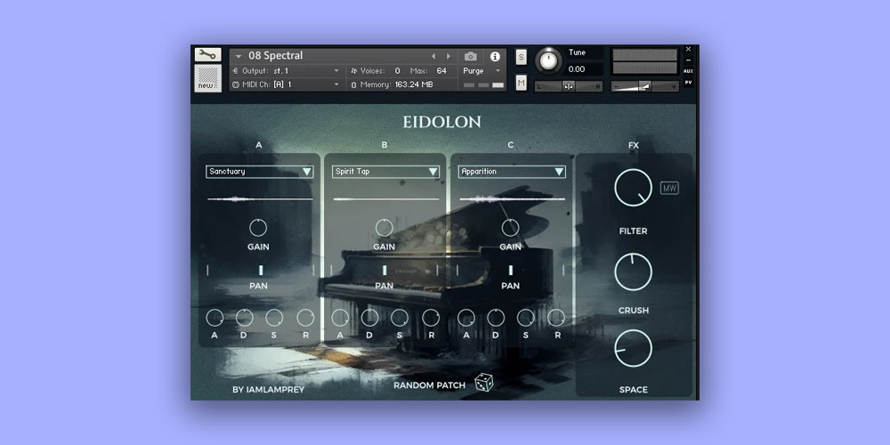 A haunted, pad-oriented piano instrument built from heavily processed sustained samples with instant randomization.