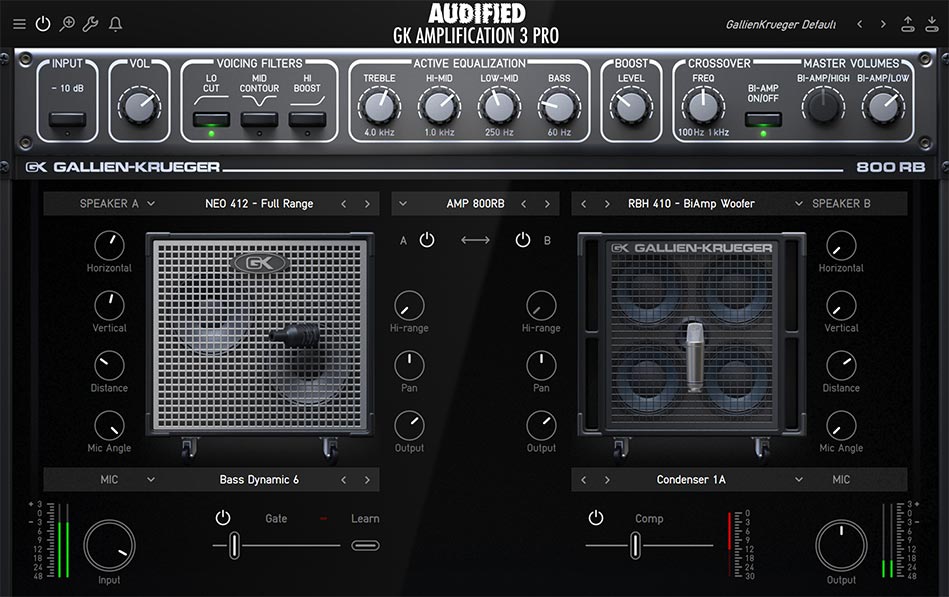 Accurate Gallien-Krueger amp and cabinet models with mic placement, gate/compressor, tuner and IR loader for bass production.