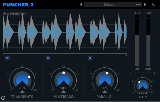 Multi‑module compressor for shaping transients, multiband control and parallel compression with presets and visual feedback.