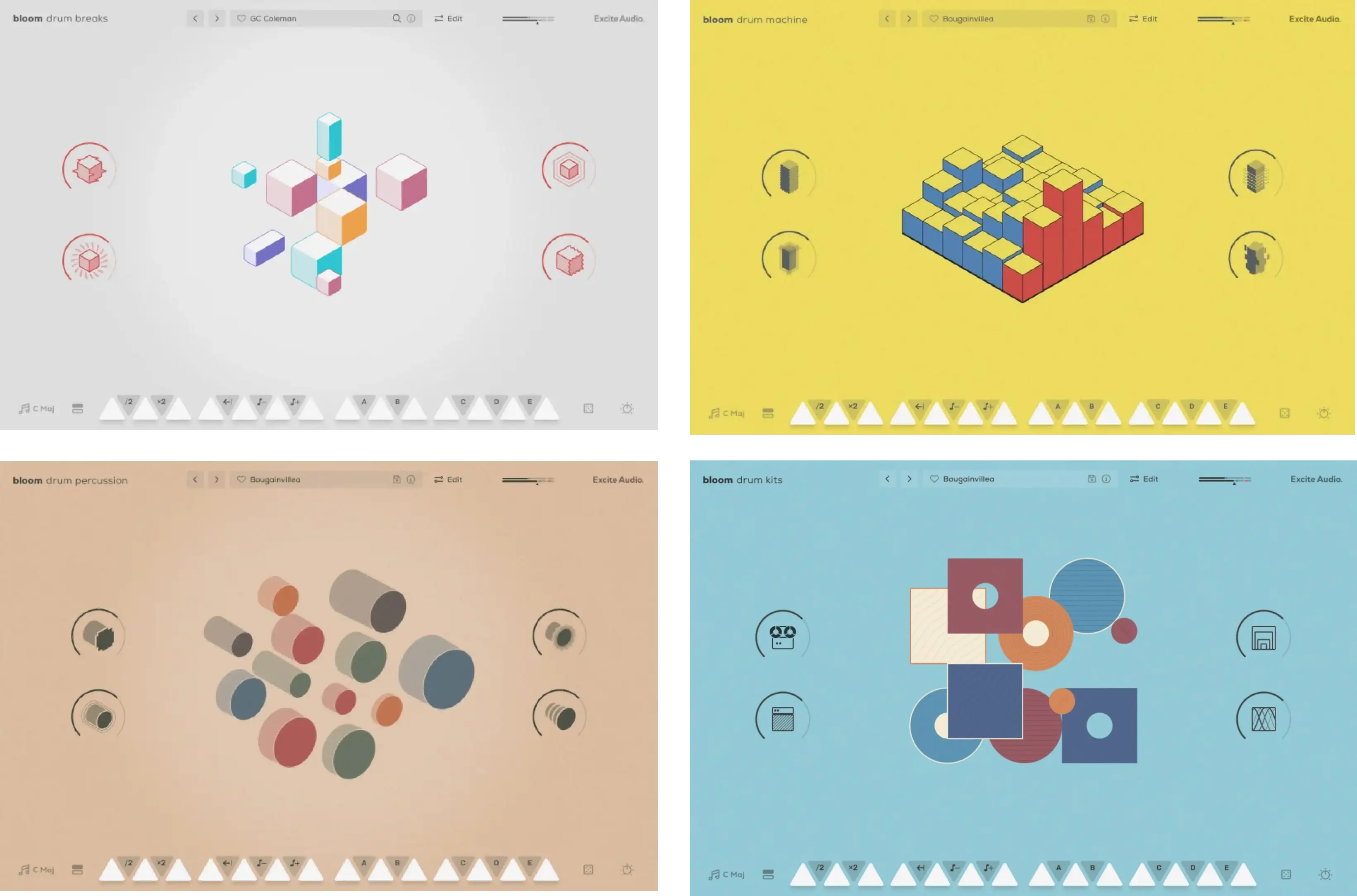 Four playable drum instruments offering loops, one-shots, kits and percussion with realtime controls and sample import.