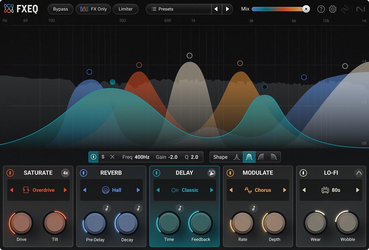 Apply drive, texture, modulation and spatial effects precisely using EQ-shaped effect bands.