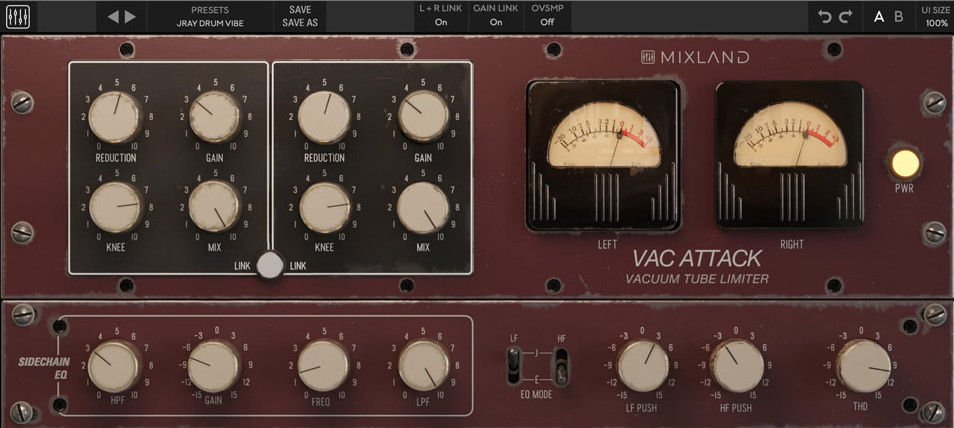 Analog-modeled optical limiter with tube saturation, tone controls, and sidechain filtering for controlled limiting.